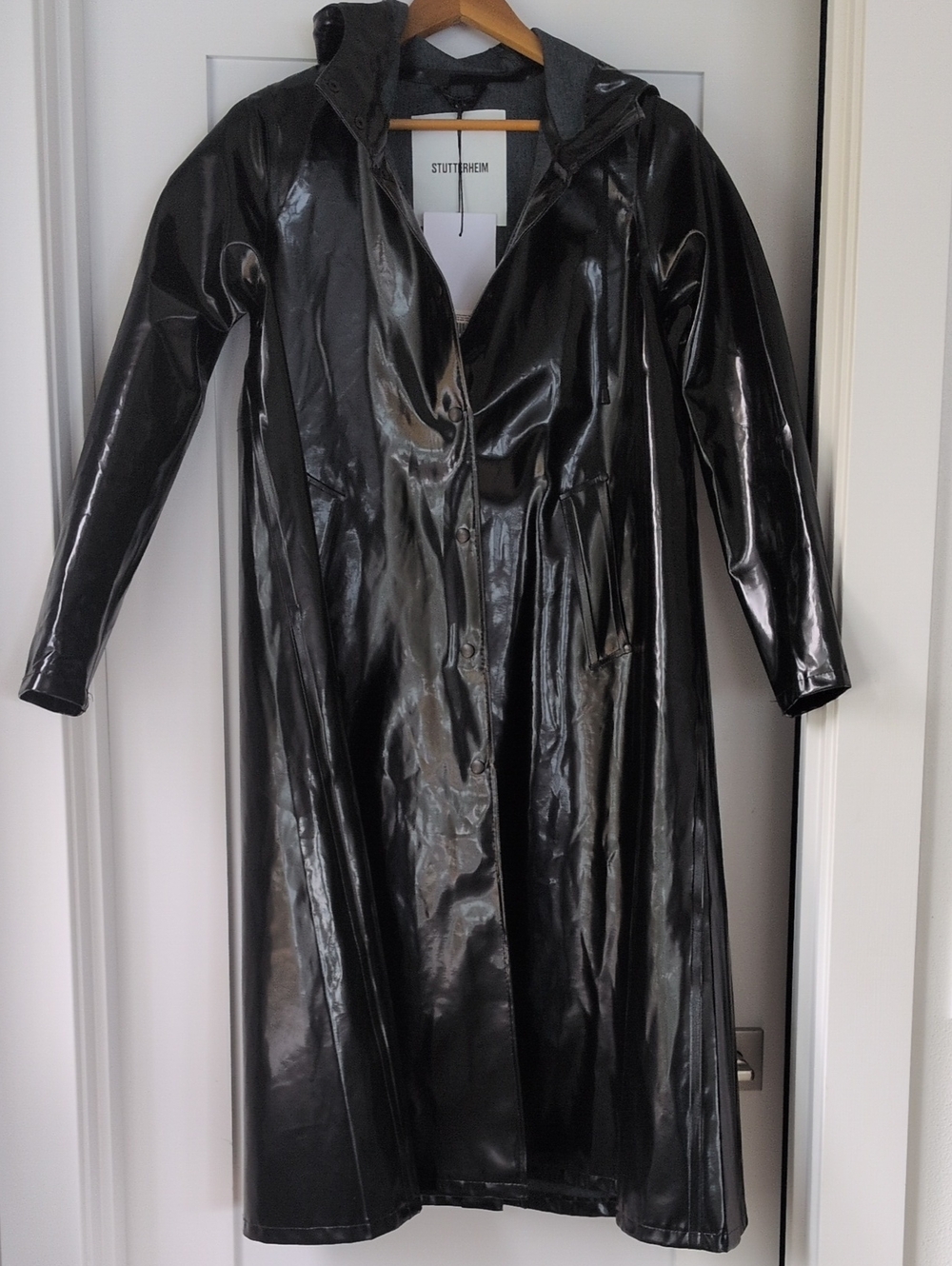 Stutterheim Black Gloss Trench Coat with Hood